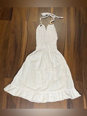 Blanco white cotton halter dress with sheer crochet elastic bodice